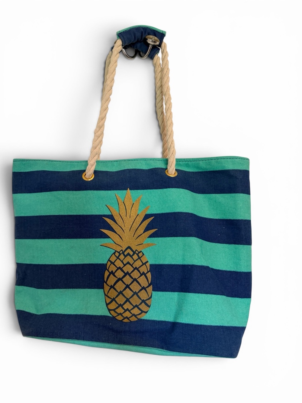 Beach Tote Bag W/gold pineapple, nautical woven straps. 18” w 13”l Snap closure